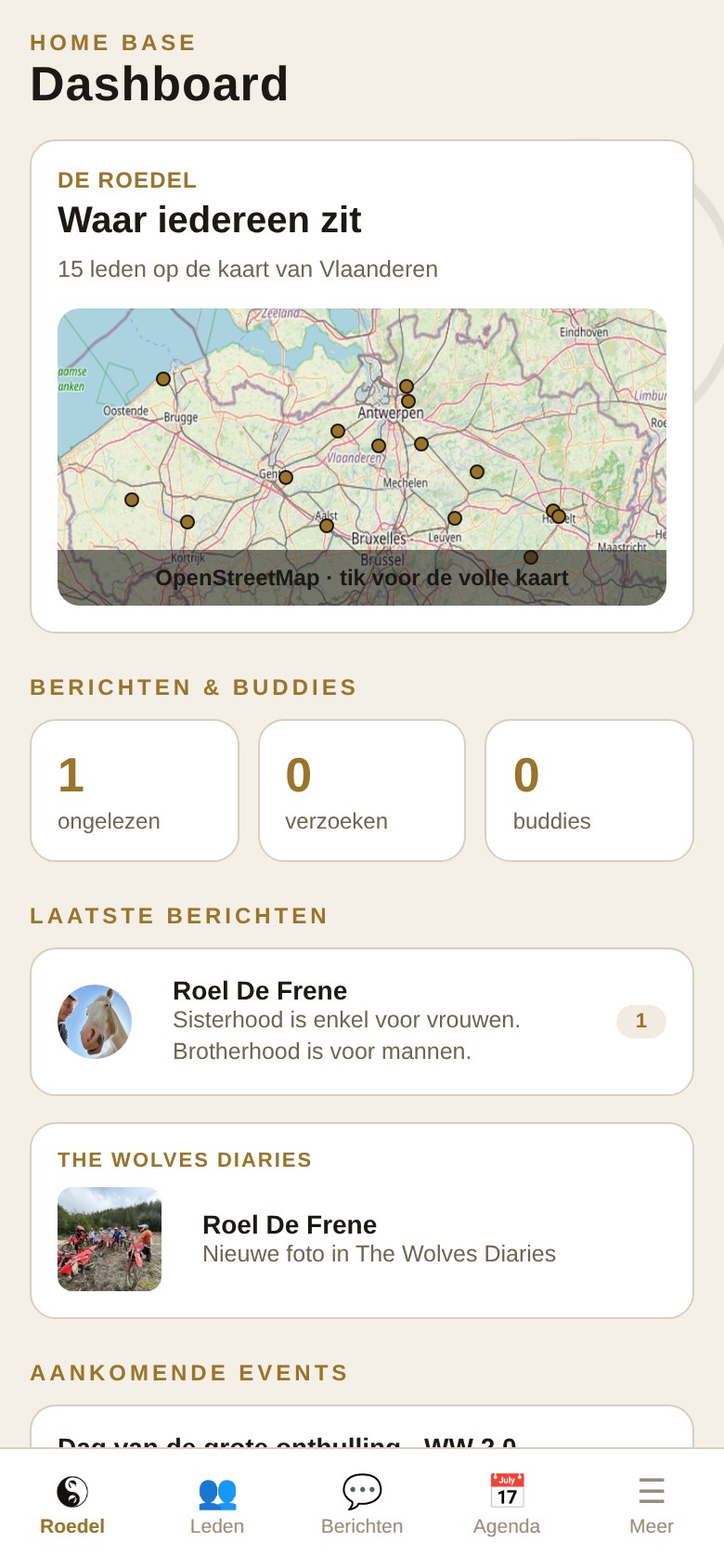 Home Base-dashboard in de Wolves and Warriors-app